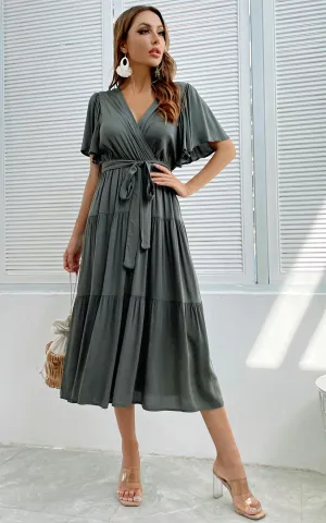 Flutter Sleeve Midi Wrap Dress In Khaki Green