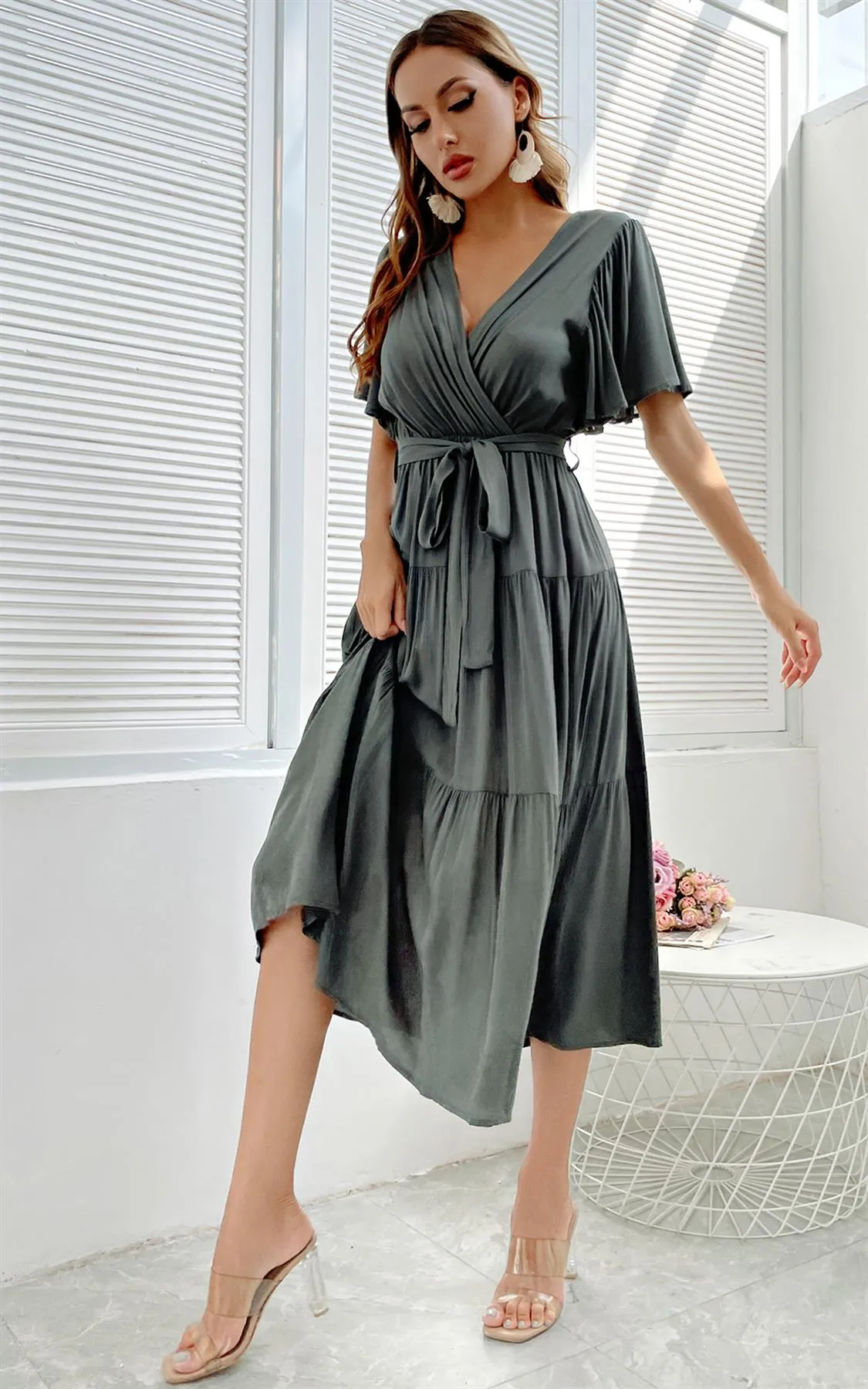 Flutter Sleeve Midi Wrap Dress In Khaki Green
