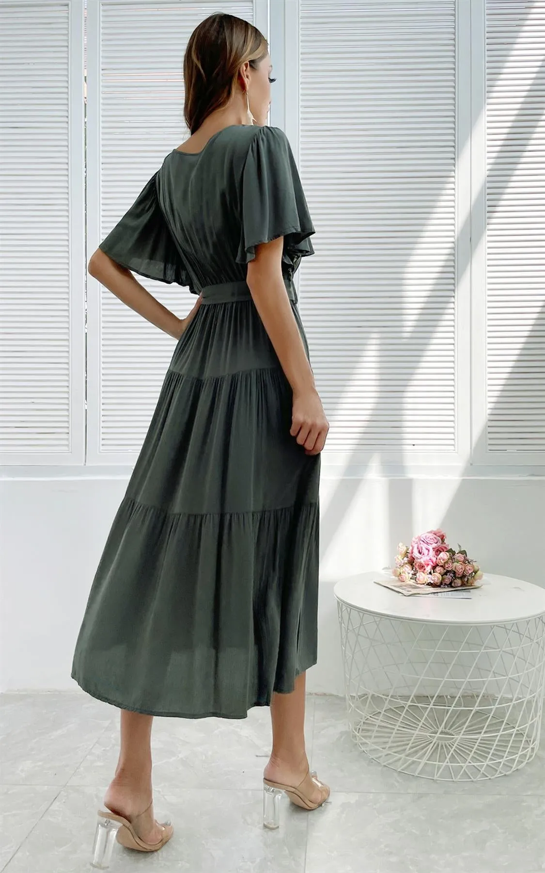 Flutter Sleeve Midi Wrap Dress In Khaki Green