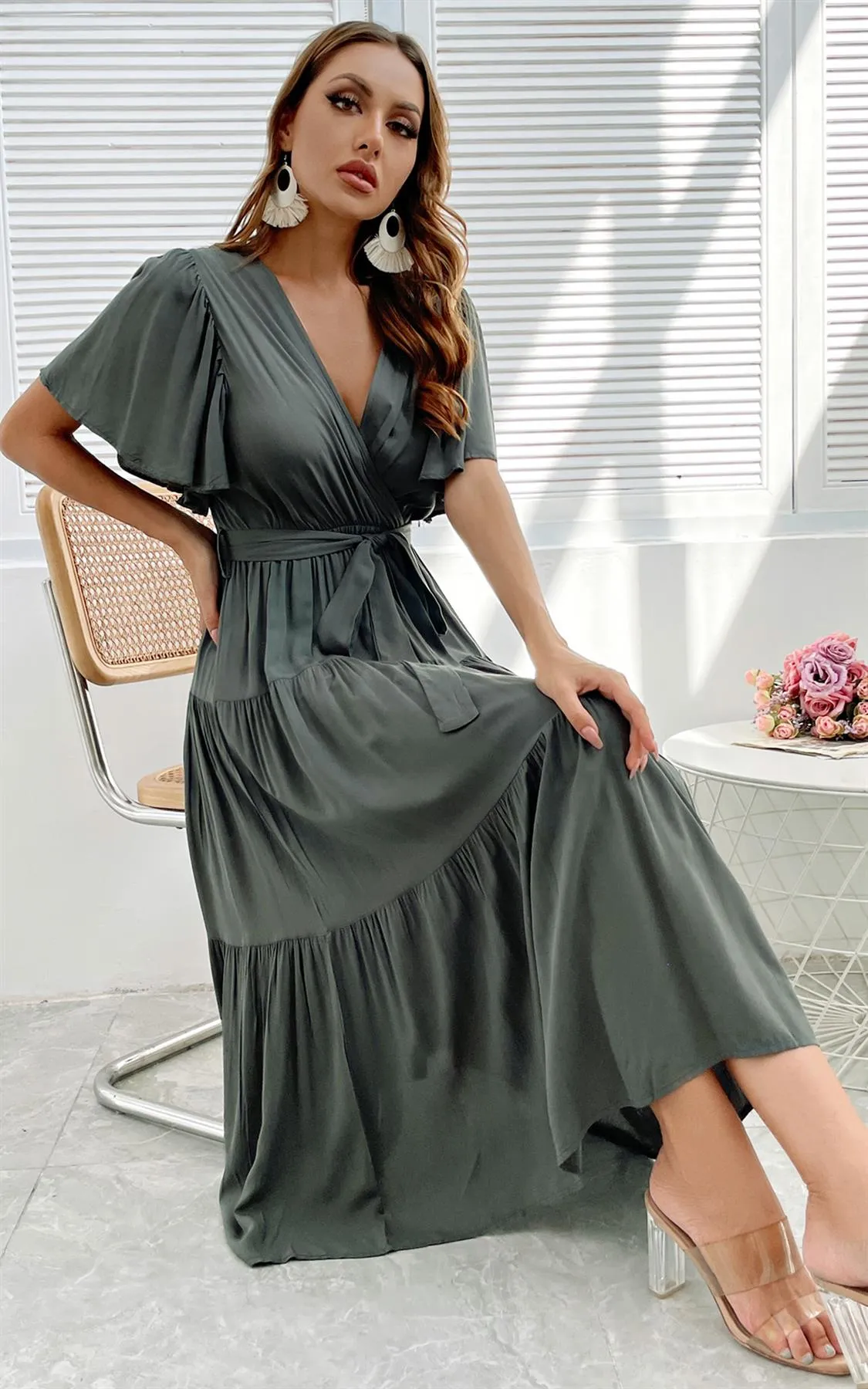 Flutter Sleeve Midi Wrap Dress In Khaki Green
