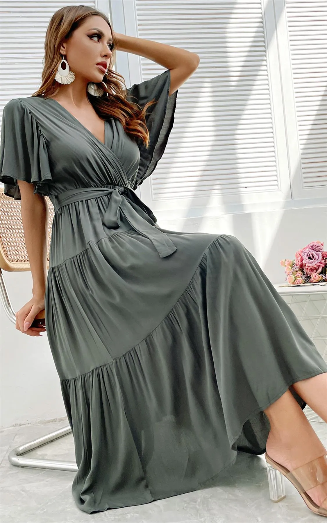 Flutter Sleeve Midi Wrap Dress In Khaki Green