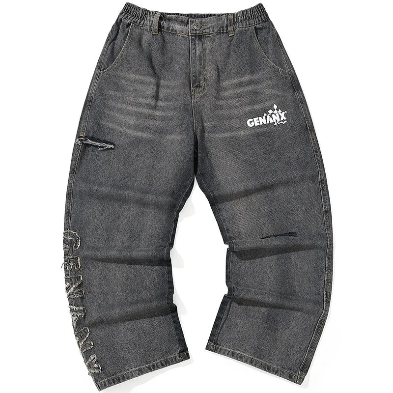 Gray Ripped Print Denim Jeans
