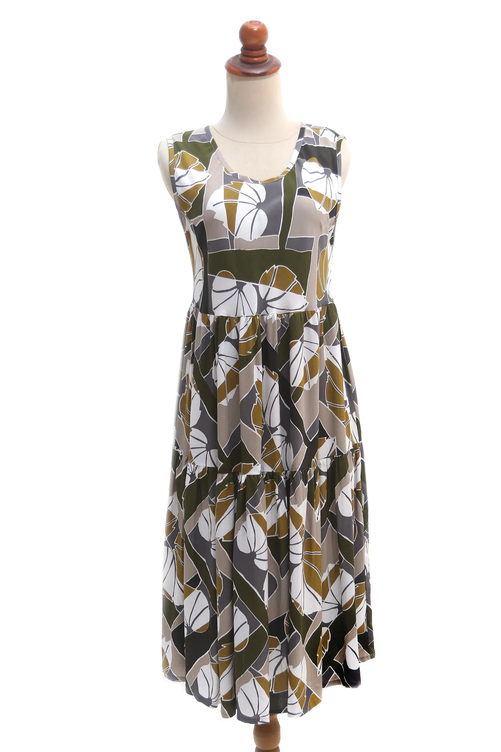 Hand Crafted Leaf-Themed Rayon Sundress from Bali - Garden Party | NOVICA