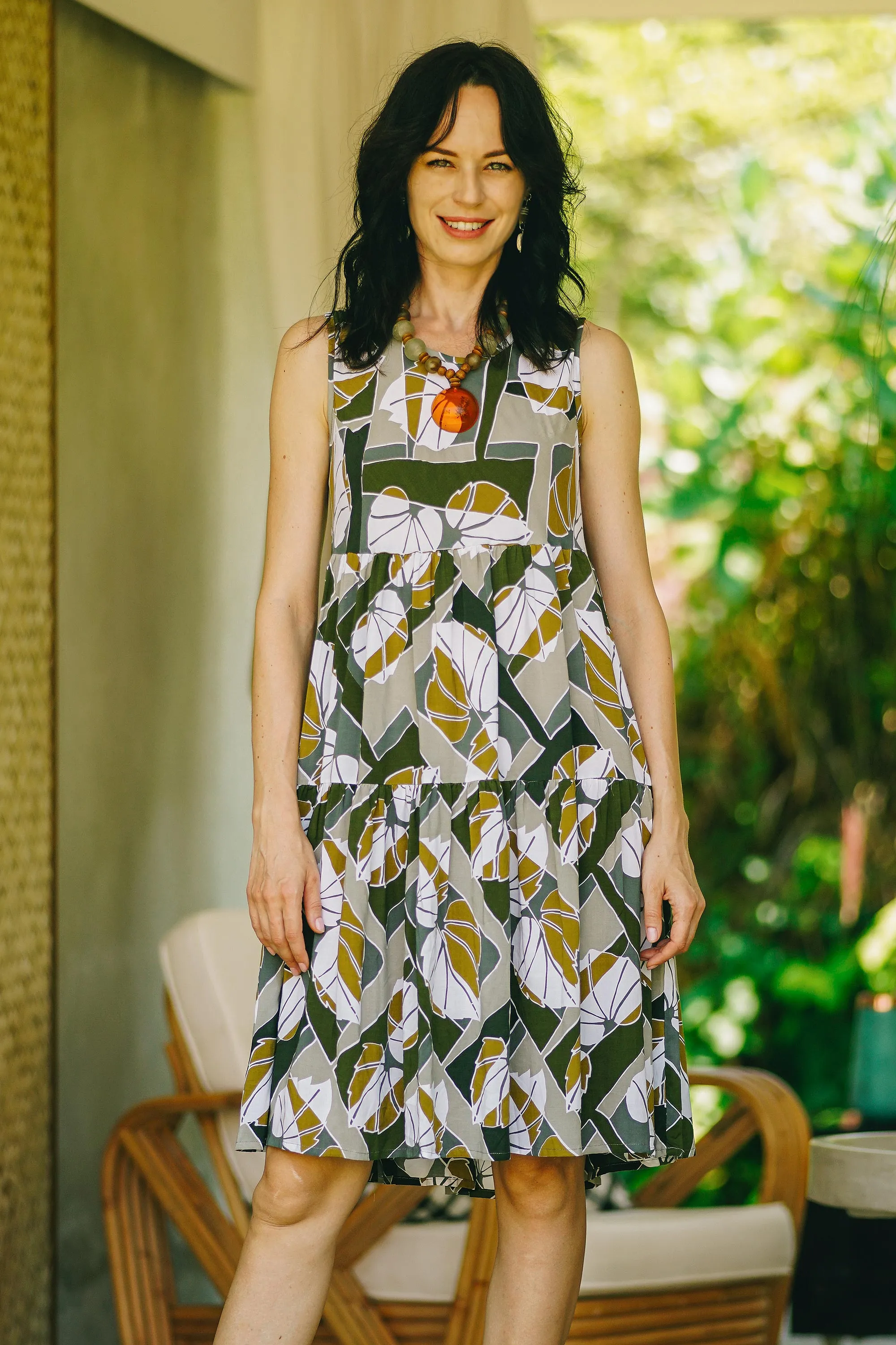 Hand Crafted Leaf-Themed Rayon Sundress from Bali - Garden Party | NOVICA