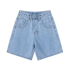 High Waist Denim Shorts Women Loose Ladies Button Wide Leg Shorts