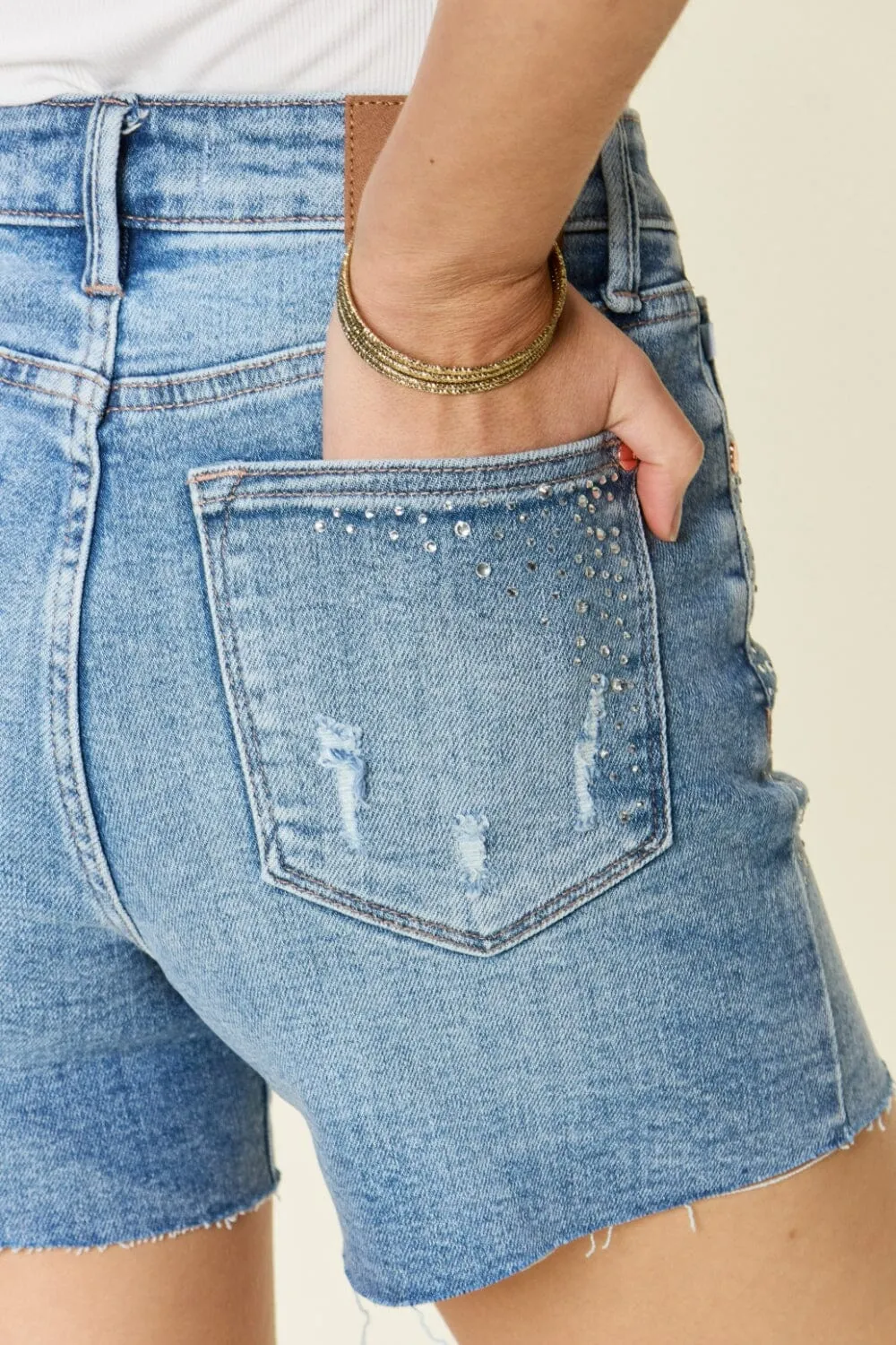 Judy Blue Light Blue High Waist Rhinestone Decor Denim Shorts