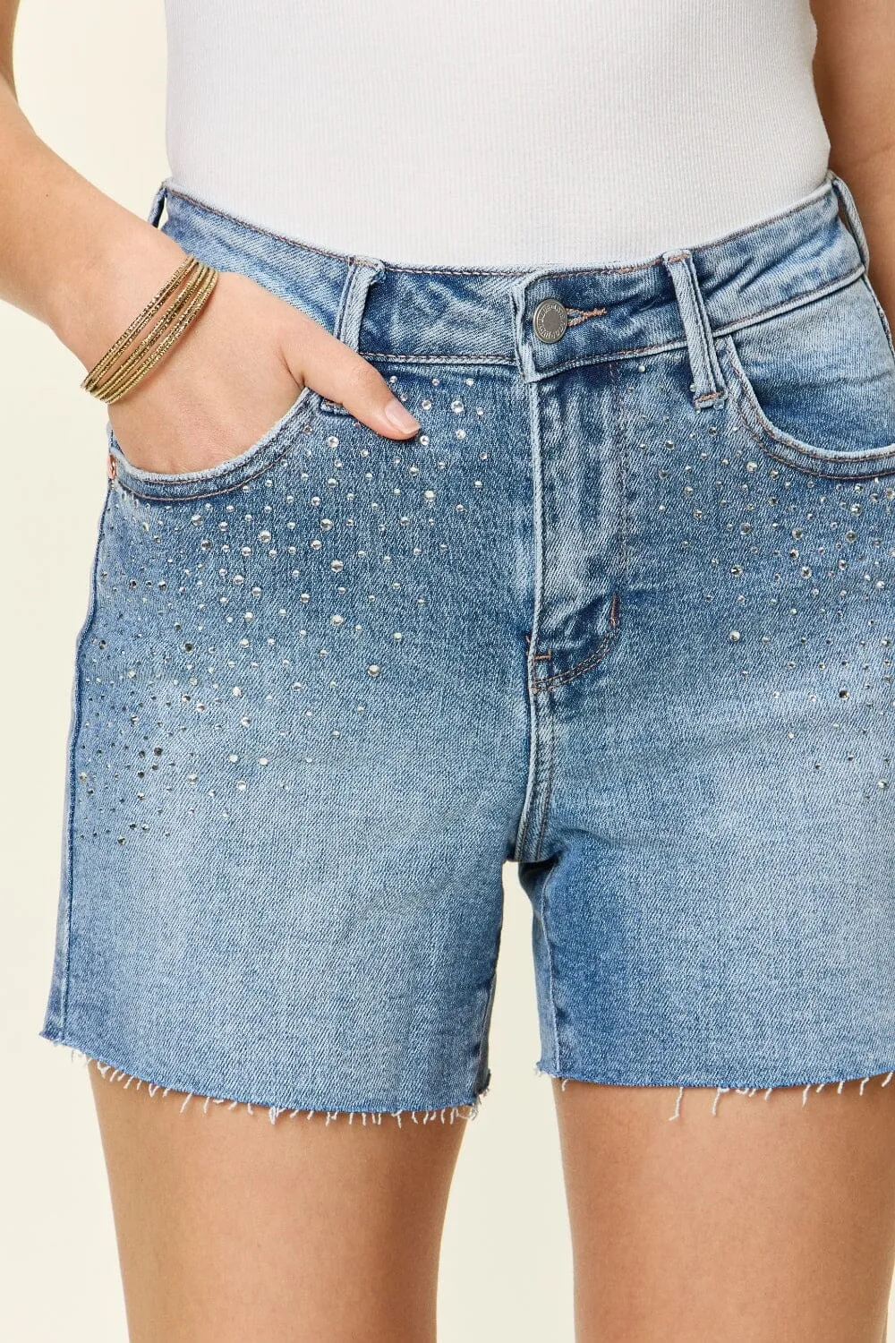 Judy Blue Light Blue High Waist Rhinestone Decor Denim Shorts
