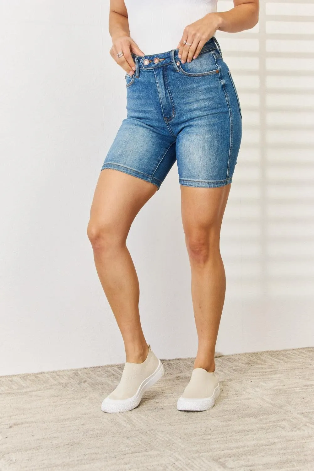 Judy Blue Tummy Control Double Button Bermuda Denim Shorts- Regular and Plus Size