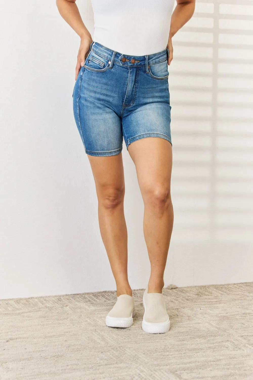 Judy Blue Tummy Control Double Button Bermuda Denim Shorts- Regular and Plus Size