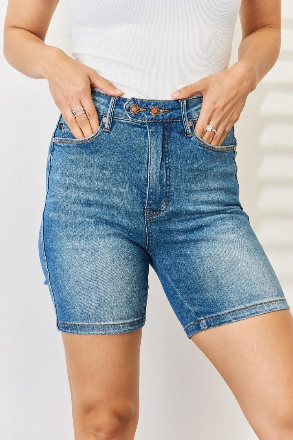 Judy Blue Tummy Control Double Button Bermuda Denim Shorts- Regular and Plus Size
