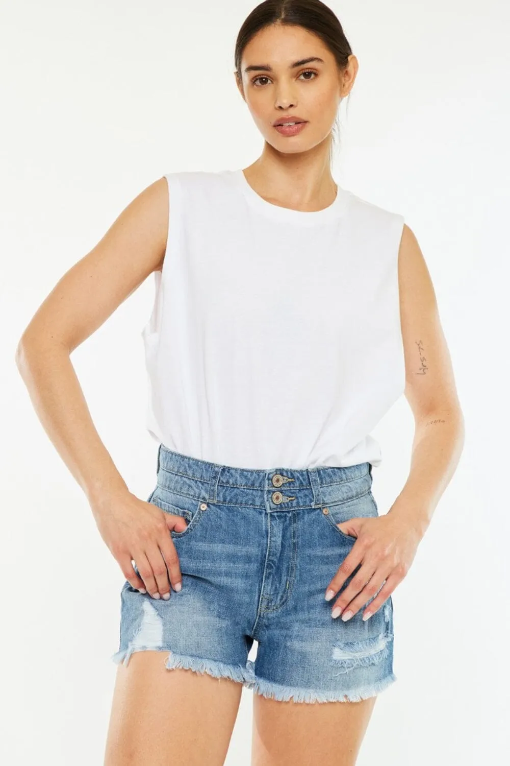 Kancan Medium Blue High Rise Raw Hem Denim Shorts
