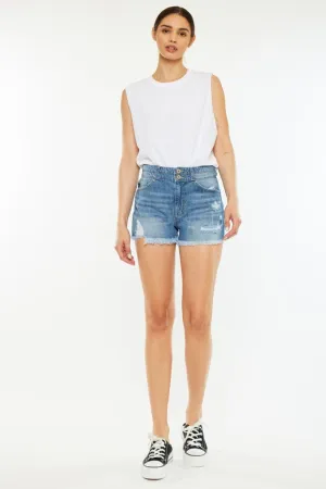 Kancan Medium Blue High Rise Raw Hem Denim Shorts