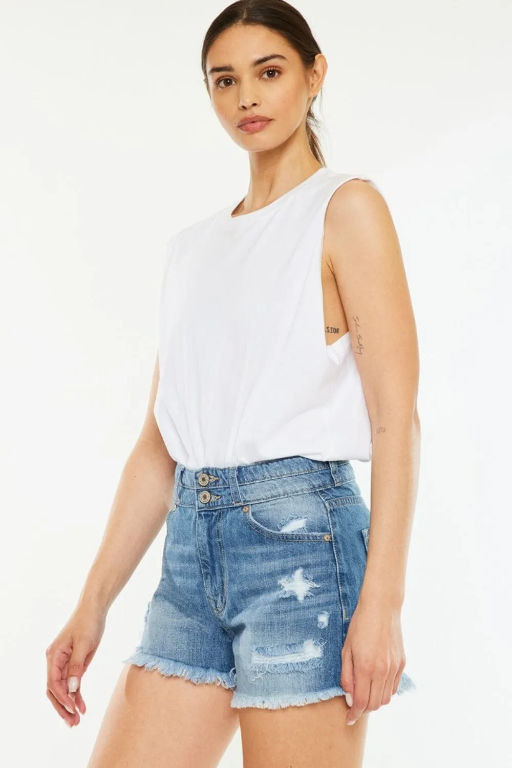 Kancan Medium Blue High Rise Raw Hem Denim Shorts
