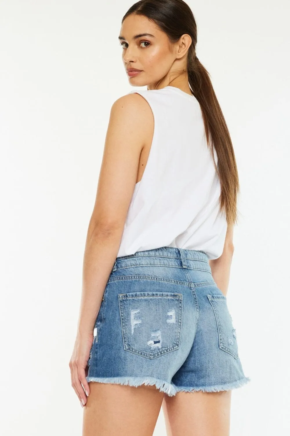 Kancan Medium Blue High Rise Raw Hem Denim Shorts