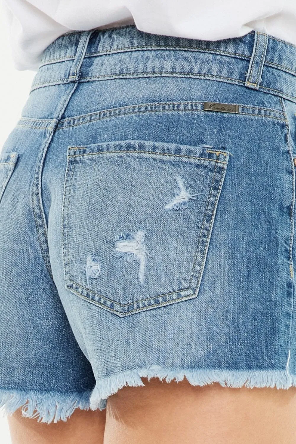 Kancan Medium Blue High Rise Raw Hem Denim Shorts