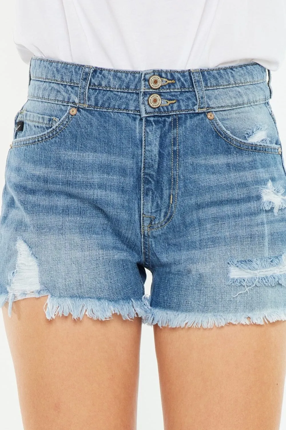Kancan Medium Blue High Rise Raw Hem Denim Shorts