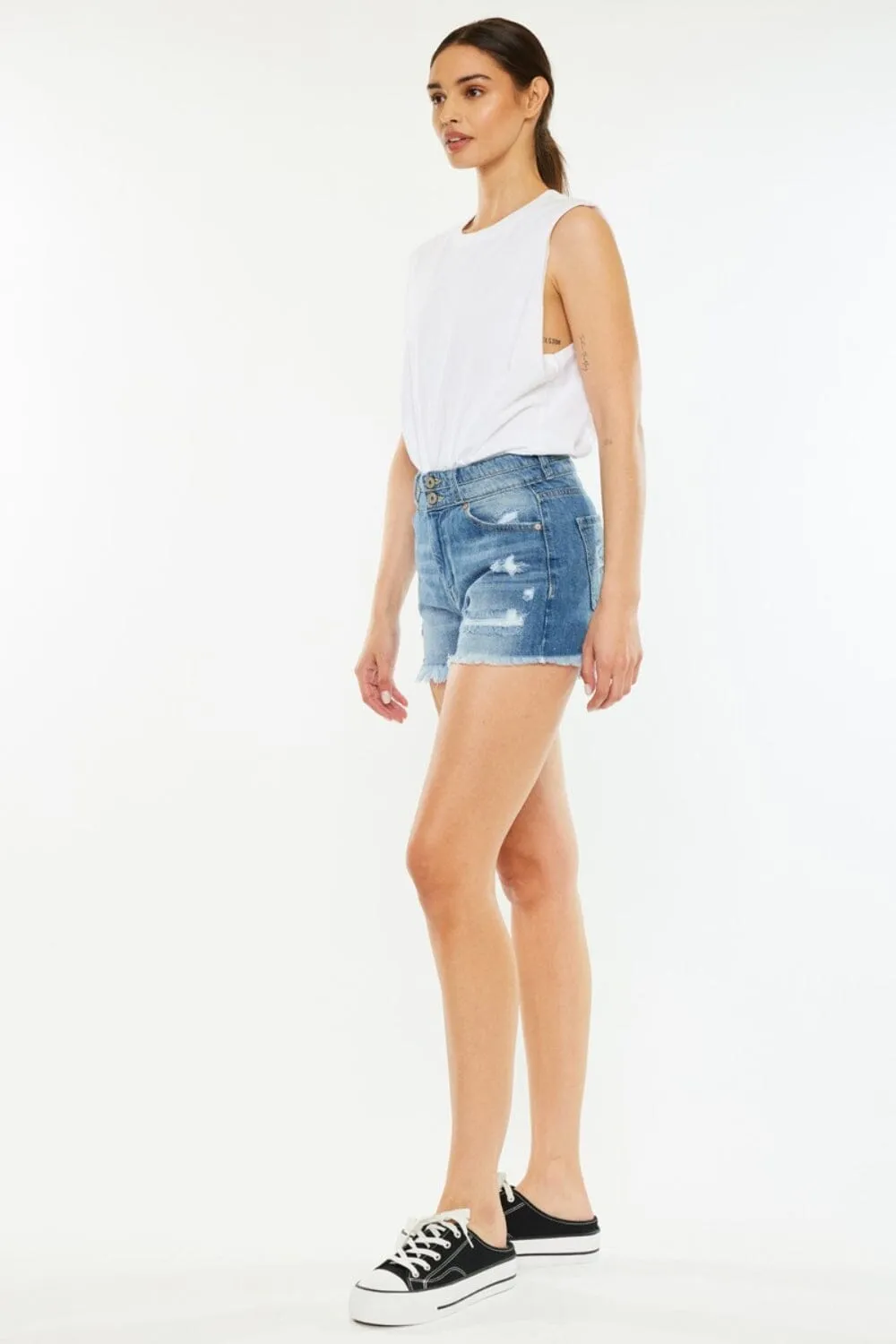 Kancan Medium Blue High Rise Raw Hem Denim Shorts