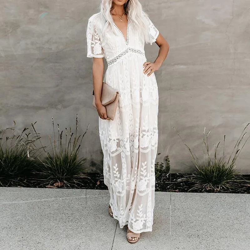 Lace Patchwork Elegant Dress Women V Neck Spaghetti Strap Dress Female Fashion Solid Party Beach Dress