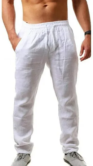 Loose Lightweight Drawstring White Linen Casual Long Pants