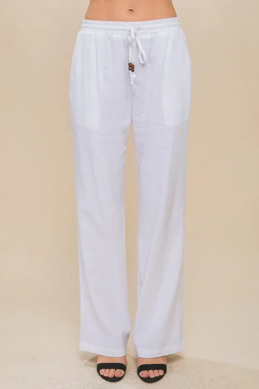 Love Tree Linen Drawstring Waist Long Pants with Pockets