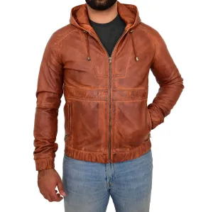 Mens Real Leather Bomber Jacket Hooded Two Tone Kent Tan