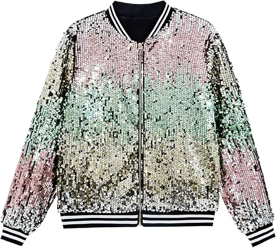 Men's Sequin Zip Up Blue Bomber Jacket