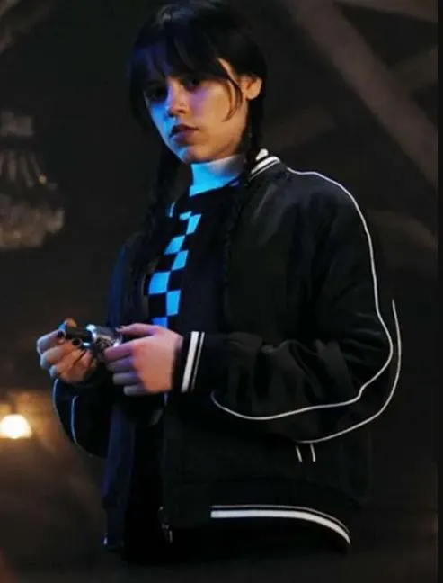 Netflix Movie Wednesday Jenna Ortega Black Bomber Jacket