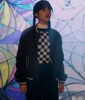 Netflix Movie Wednesday Jenna Ortega Black Bomber Jacket