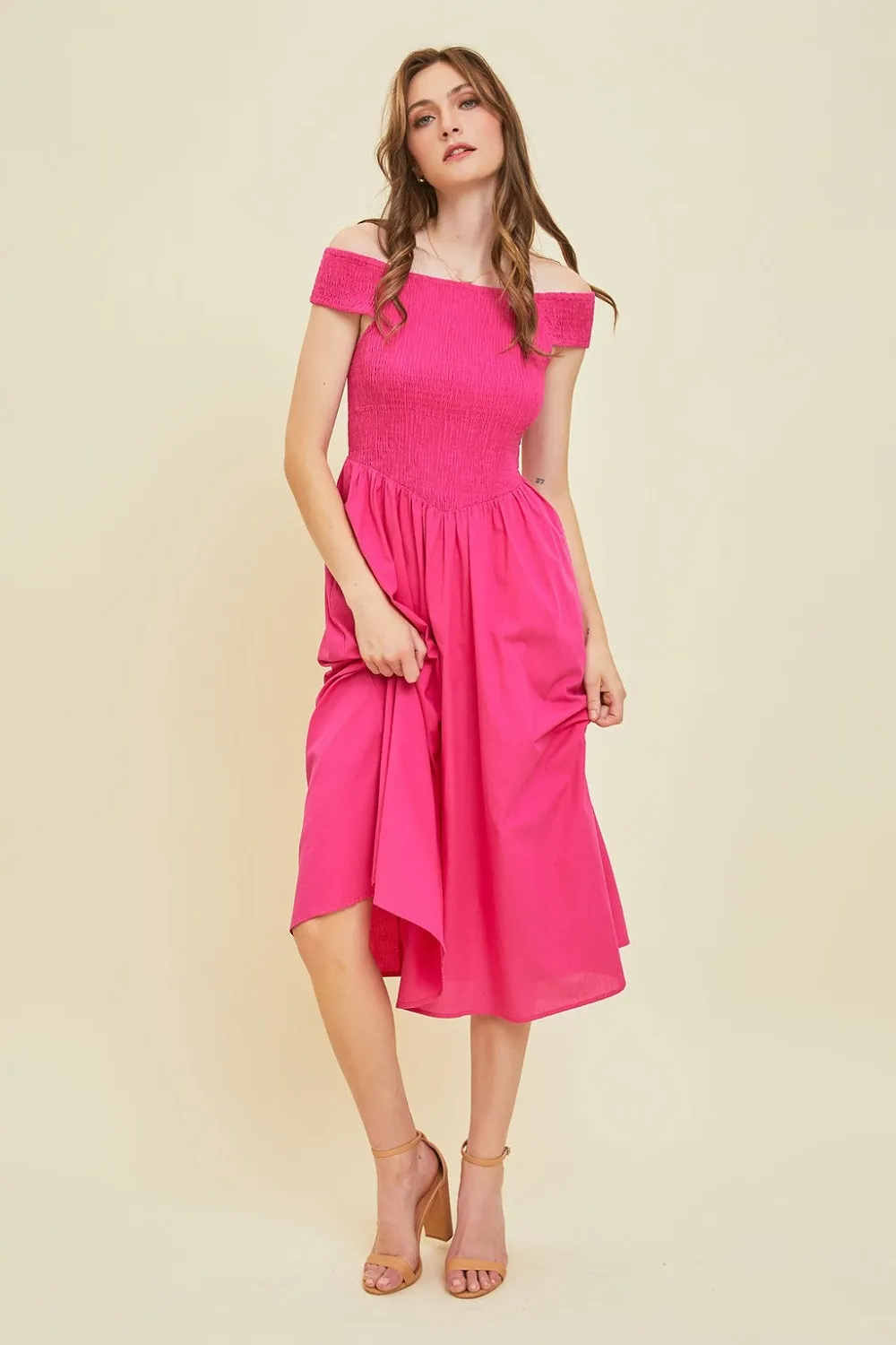 Off-Shoulder Smocked Midi Dress (Online Only)