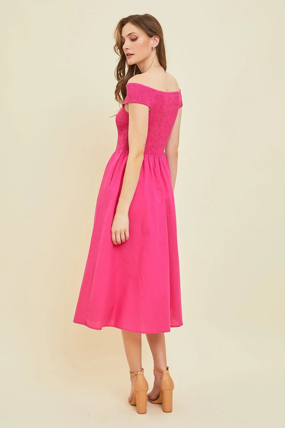 Off-Shoulder Smocked Midi Dress (Online Only)