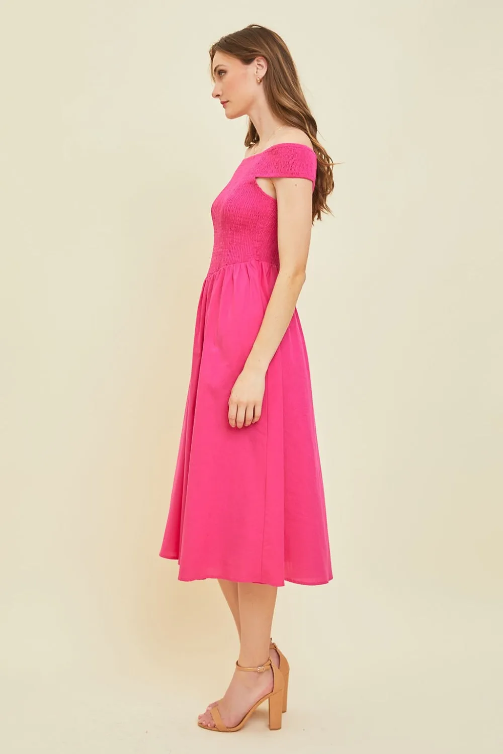 Off-Shoulder Smocked Midi Dress (Online Only)