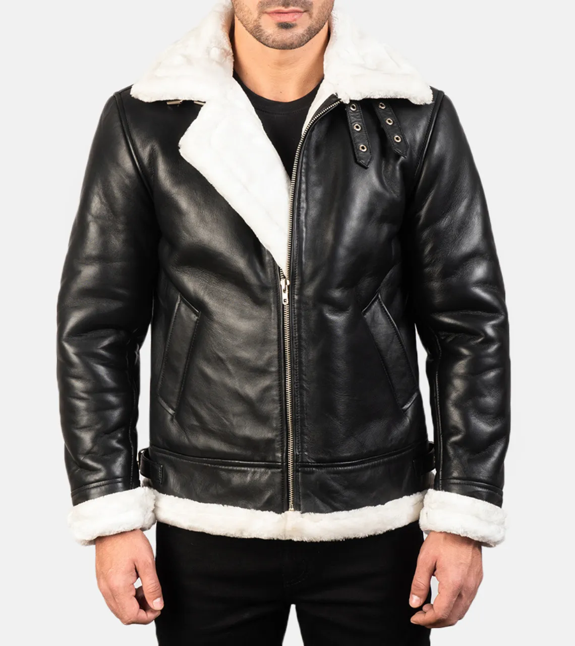Pyramidal White Shearling Men's Leather Bomber Jacket