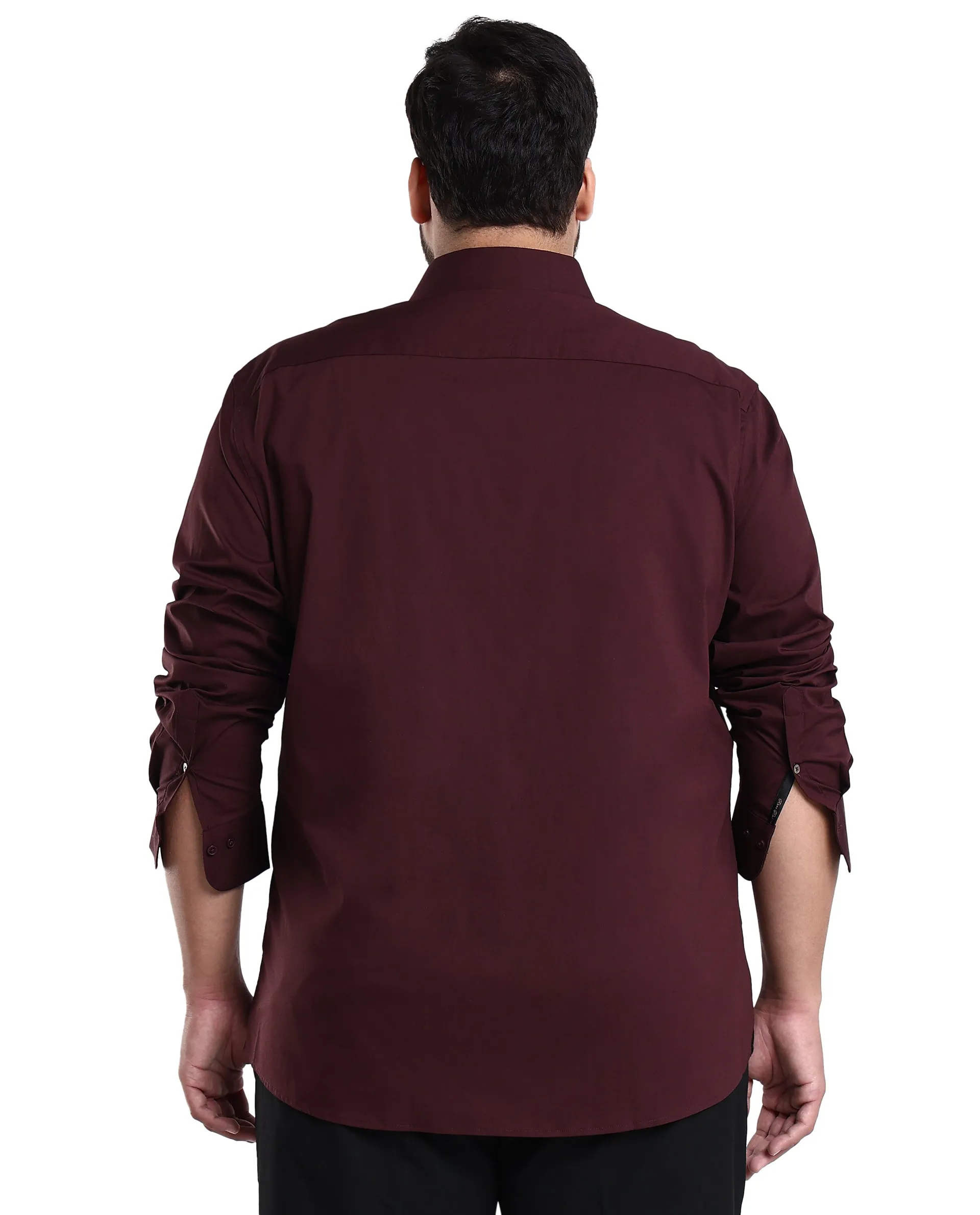 Rare Rabbit Mens Benedict Maroon Cotton Stretch Drop Collar Full Sleeve Solid Shirt Plus Size