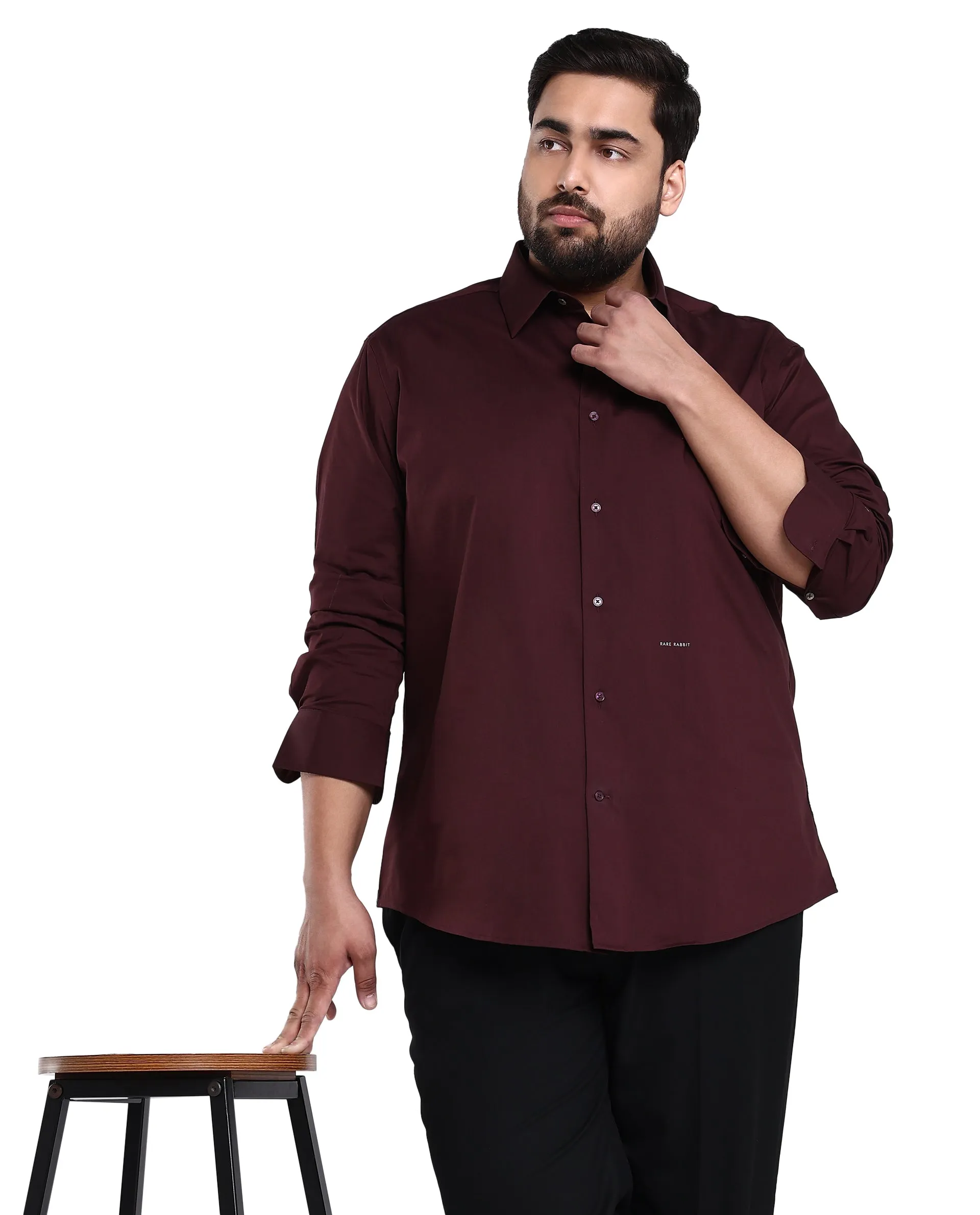Rare Rabbit Mens Benedict Maroon Cotton Stretch Drop Collar Full Sleeve Solid Shirt Plus Size