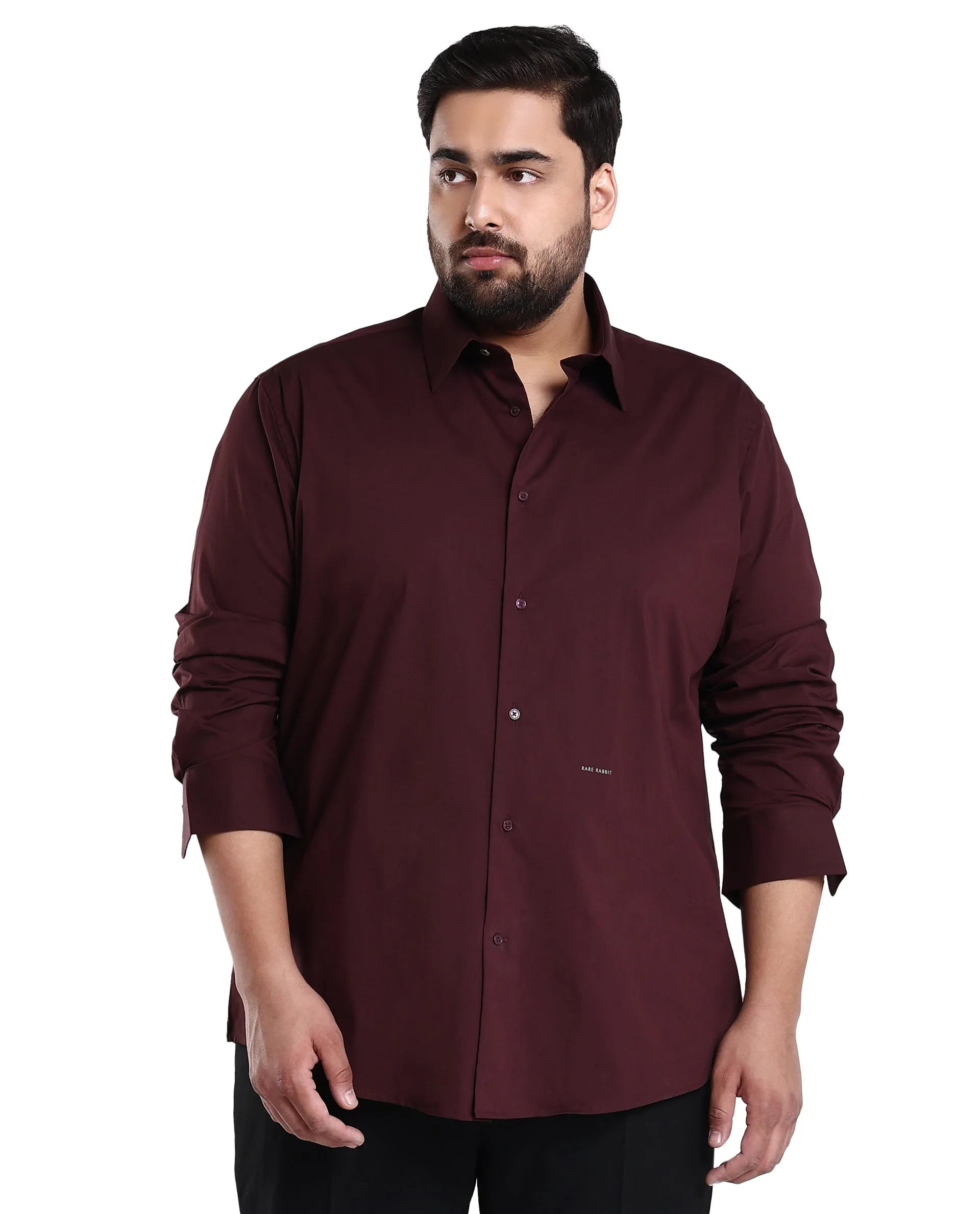 Rare Rabbit Mens Benedict Maroon Cotton Stretch Drop Collar Full Sleeve Solid Shirt Plus Size