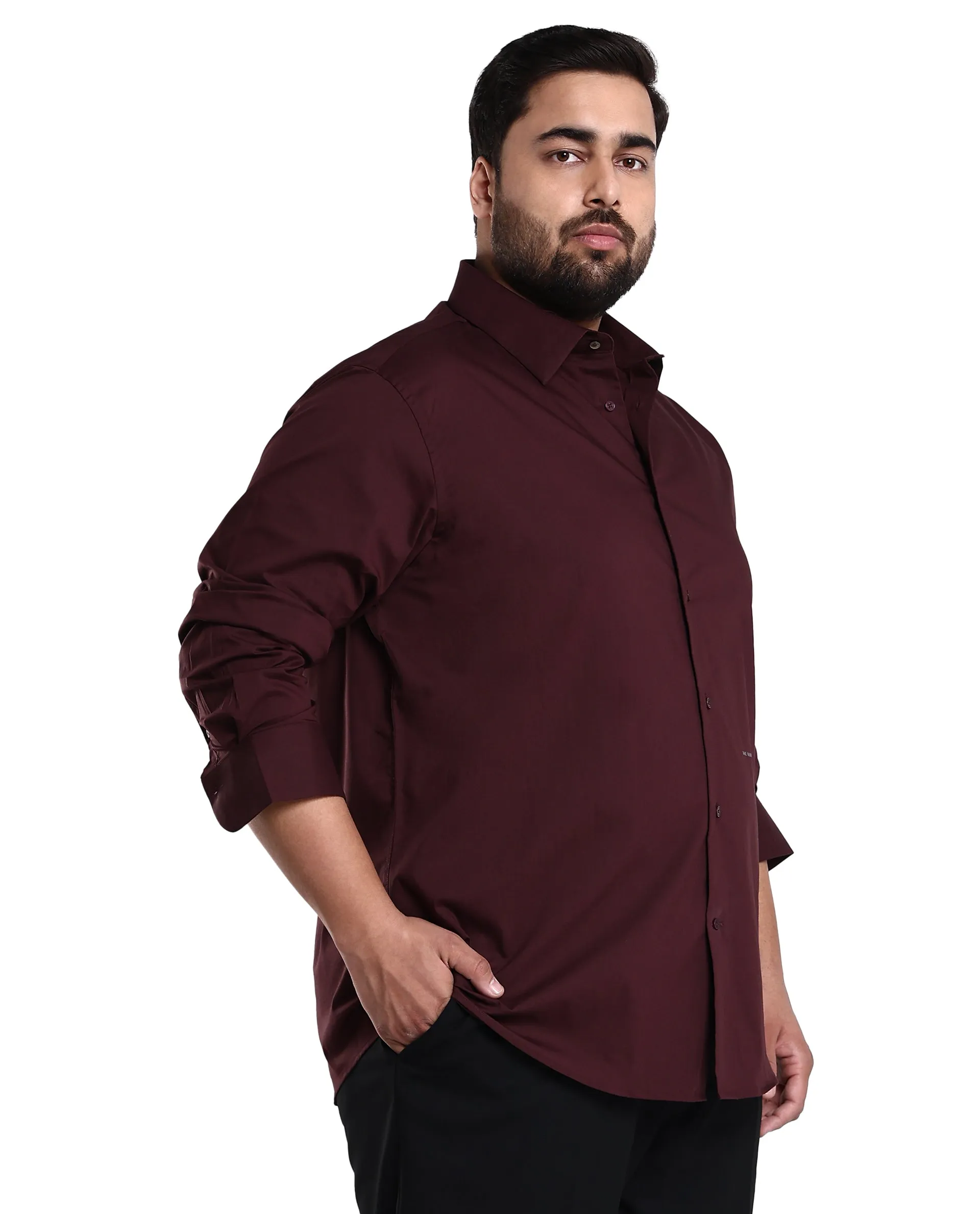 Rare Rabbit Mens Benedict Maroon Cotton Stretch Drop Collar Full Sleeve Solid Shirt Plus Size
