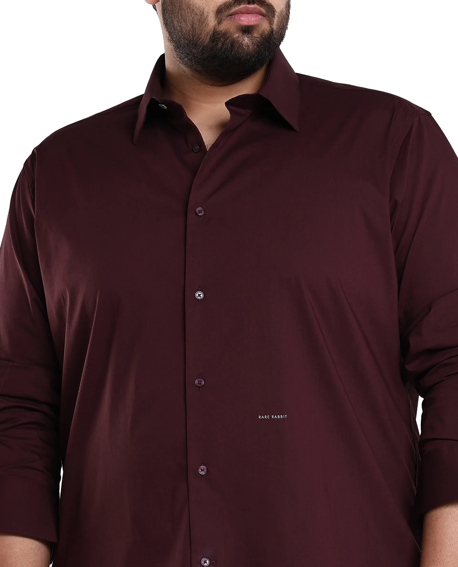 Rare Rabbit Mens Benedict Maroon Cotton Stretch Drop Collar Full Sleeve Solid Shirt Plus Size
