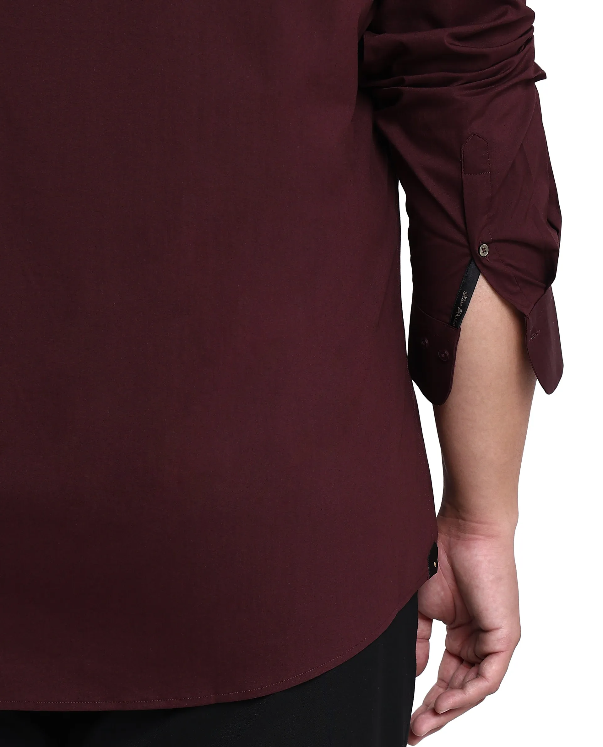 Rare Rabbit Mens Benedict Maroon Cotton Stretch Drop Collar Full Sleeve Solid Shirt Plus Size