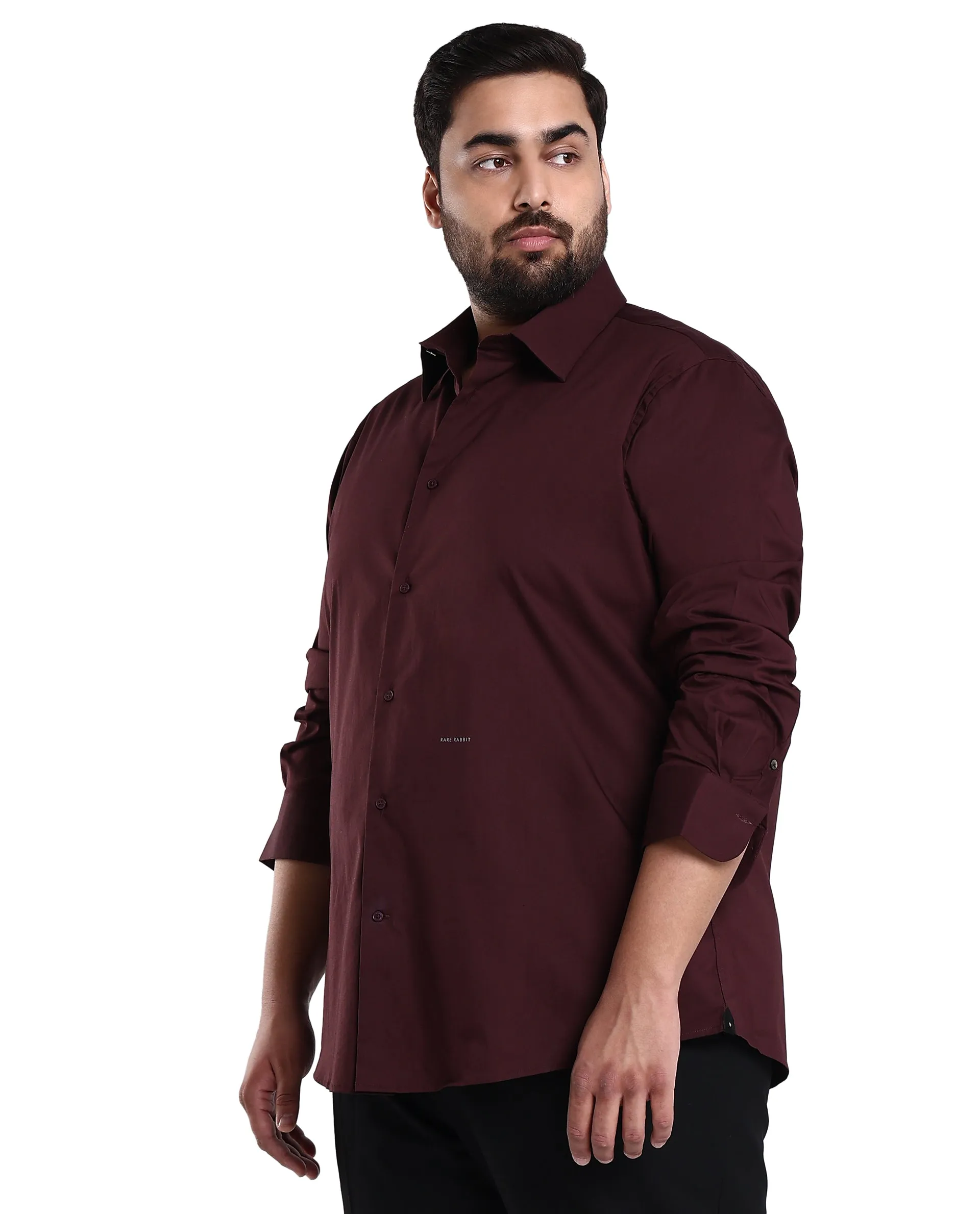 Rare Rabbit Mens Benedict Maroon Cotton Stretch Drop Collar Full Sleeve Solid Shirt Plus Size