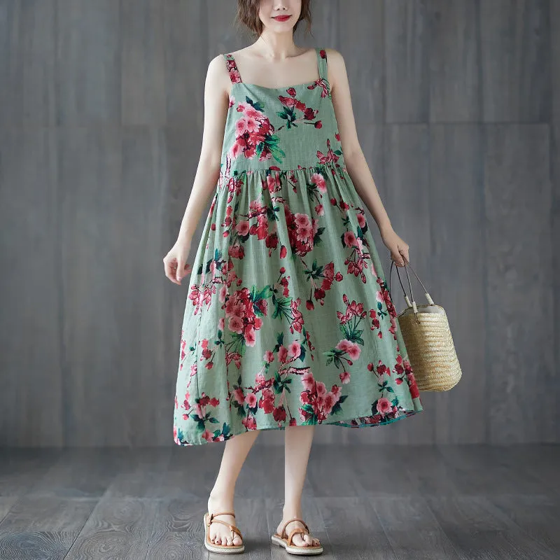 Retro Floral Tea Length Slip Dress Oriental Sundress