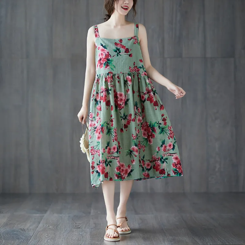 Retro Floral Tea Length Slip Dress Oriental Sundress