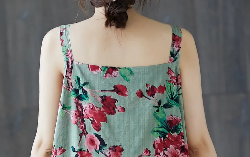 Retro Floral Tea Length Slip Dress Oriental Sundress