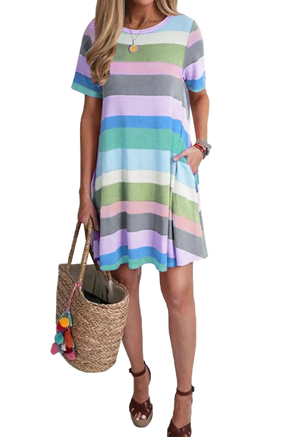 Sky Blue Striped Color Block Short Sleeve Casual T-Shirt Dress