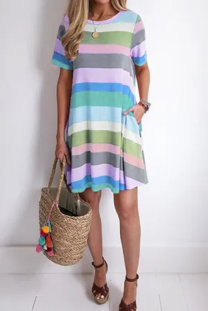Sky Blue Striped Color Block Short Sleeve Casual T-Shirt Dress