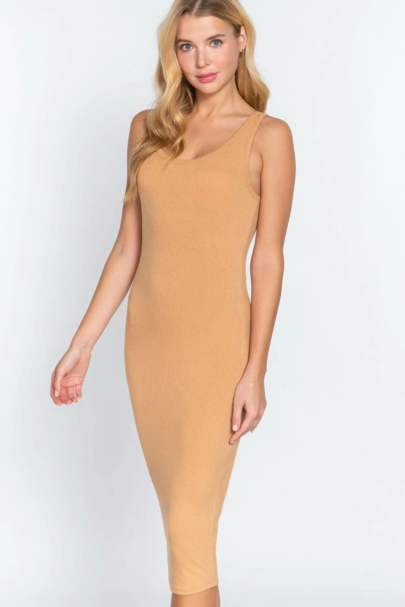 Sleeveless Scoop Neck Rib Midi Dress