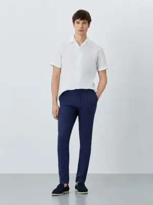 Slim Fit Chino Trousers With Pleats And String In Linen With Stripes