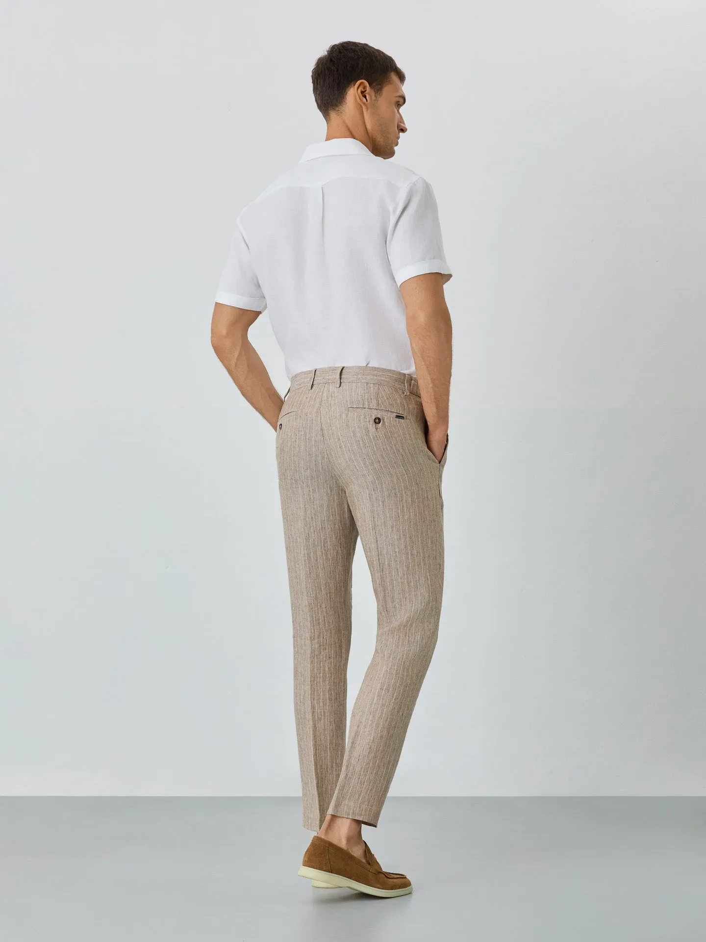 Slim Fit Chino Trousers With Pleats And String In Linen With Stripes