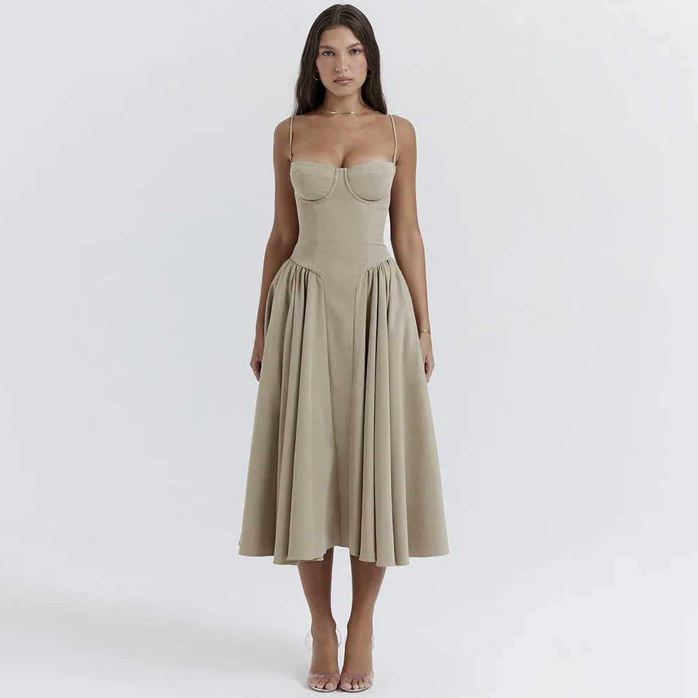 Summer Sexy V-Neck Spaghetti Strap Midi Dress with Waist-Cinching Backless Design