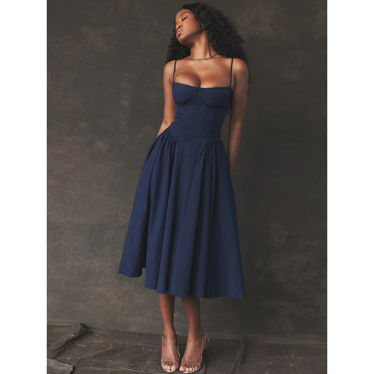 Summer Sexy V-Neck Spaghetti Strap Midi Dress with Waist-Cinching Backless Design