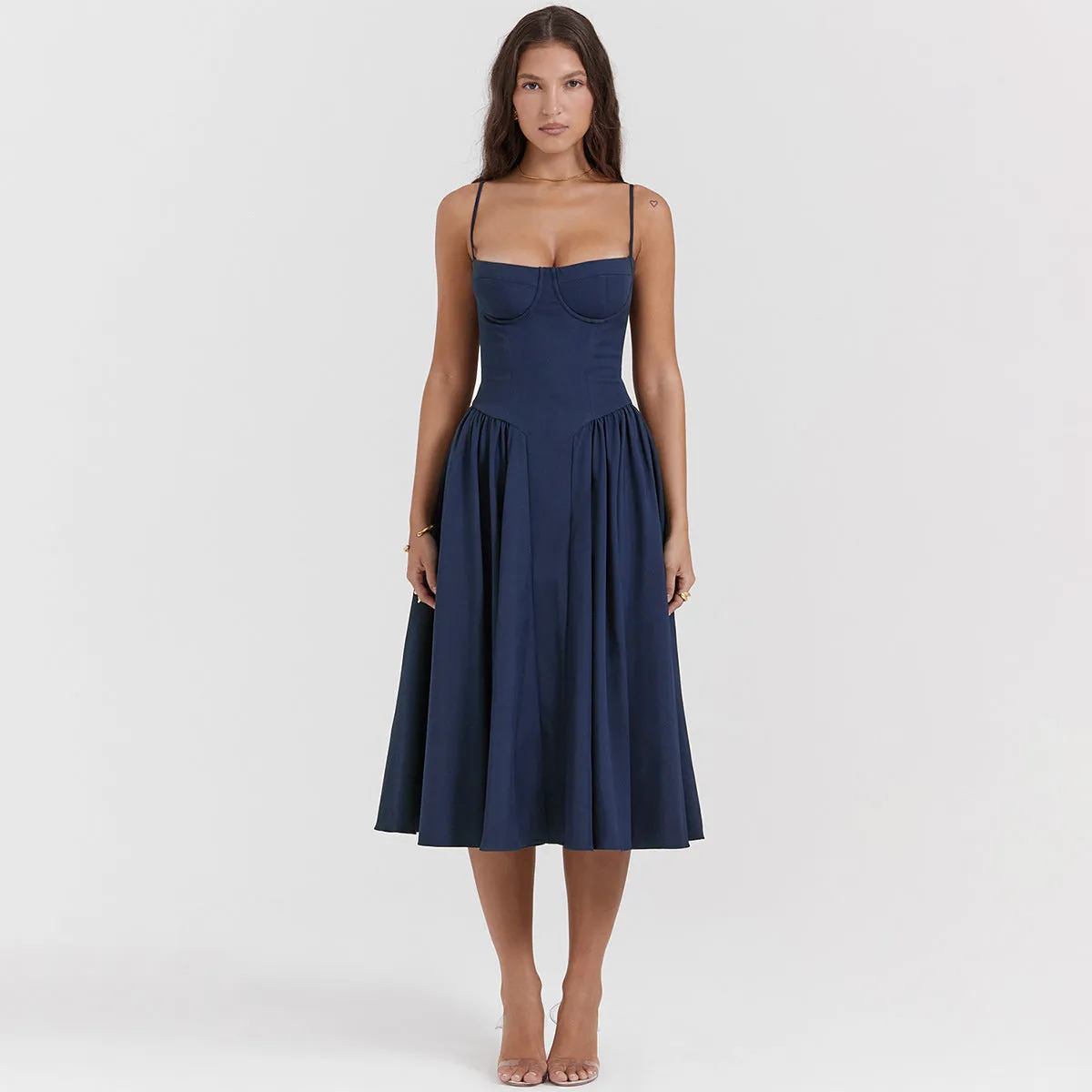 Summer Sexy V-Neck Spaghetti Strap Midi Dress with Waist-Cinching Backless Design